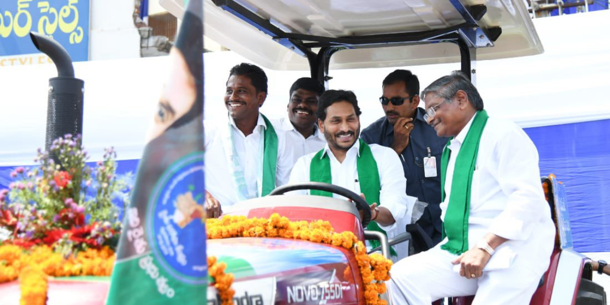 Enjoying a light moment, Jagan Mohan rode a tractor at the launch. (Twitter)