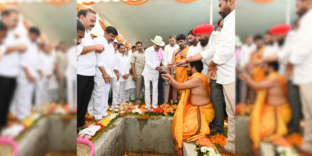 KCR laying the foundation stone for Bharat Bhavan (Centre for Excellence) at Kokapet. (Twiiter)