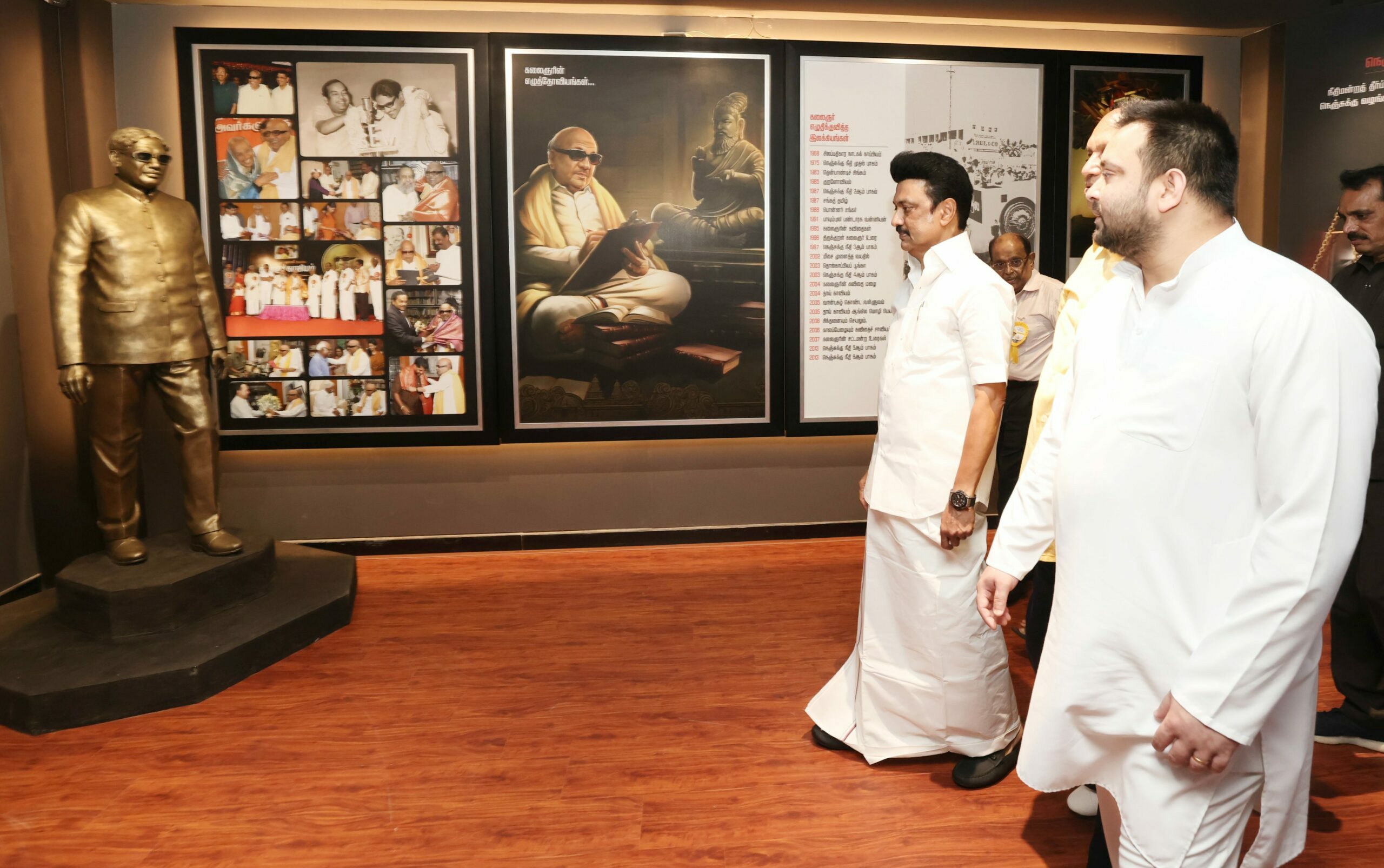 Stalin at the memorial to late chief minister M Karunanidhi, along with Deputy Chief Minister of Bihar Tejashwi Prasad Yadav. (Twitter)
