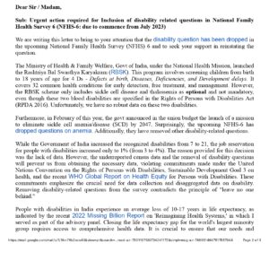 Dr Singh's letter to policymakers regarding the inclusion of disability-related questions in the NFHS-6 survey. (Supplied)