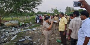 Salem City Police Commissioner B Vijayakumari and Revenue Department officials at the scene of explosion. The building was completely destroyed in the blast. (Supplied)