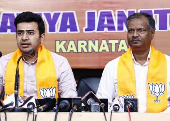 BJP MP Tejasvi Surya at a press conference in Bengaluru