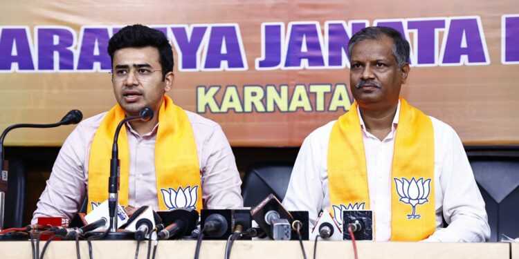BJP MP Tejasvi Surya at a press conference in Bengaluru