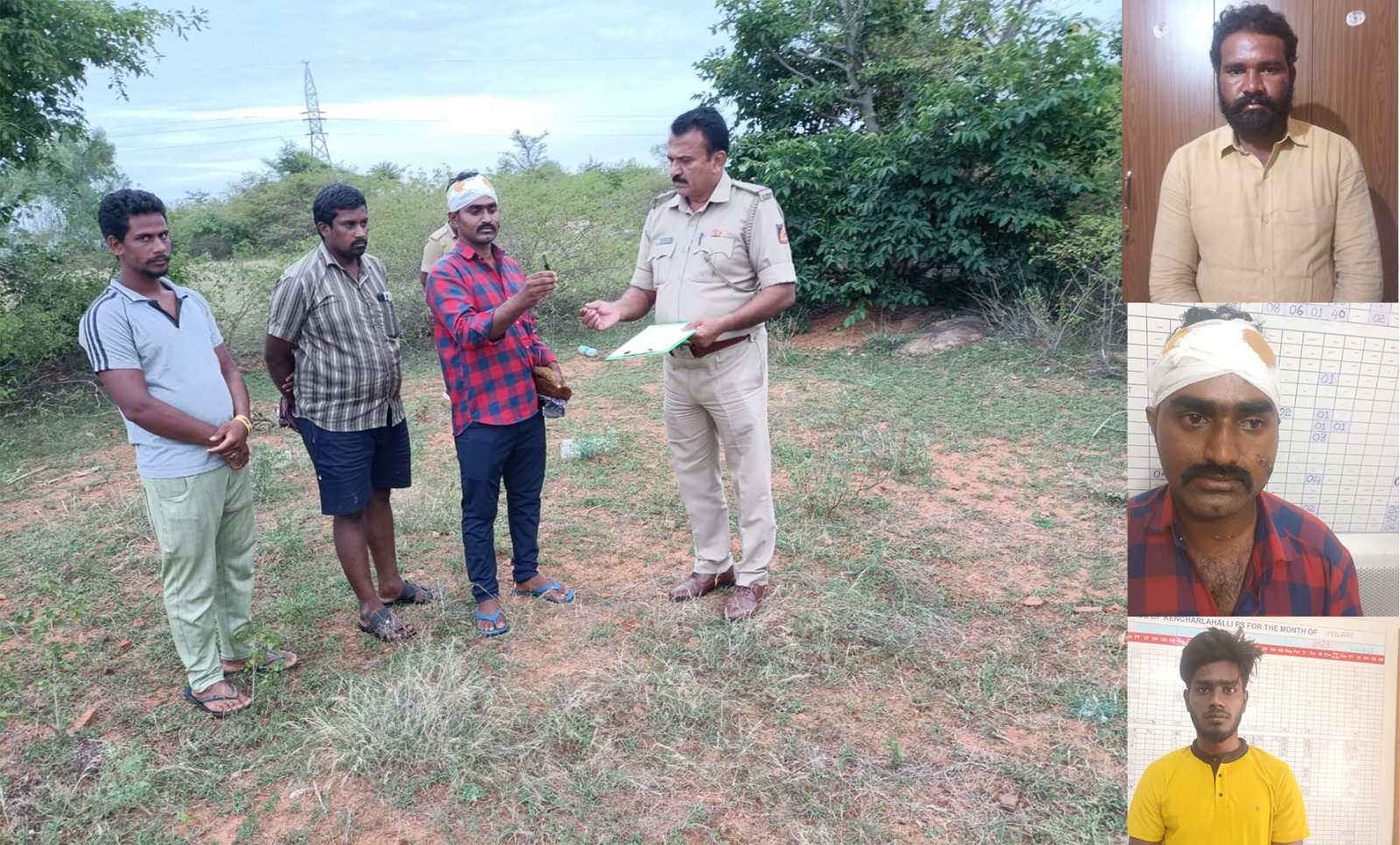 Cops take Maresh for spot mahazar (inspection) and secures weapon. Accused and victim from top: Vijay, Maresh, and John Babu. (Supplied)