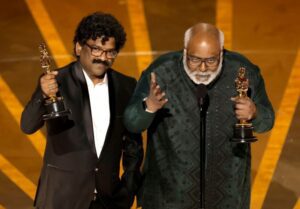 Chandrabose with MM Keeravani at the Oscars
