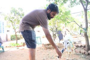 Director Bobby with the sheep on the sets