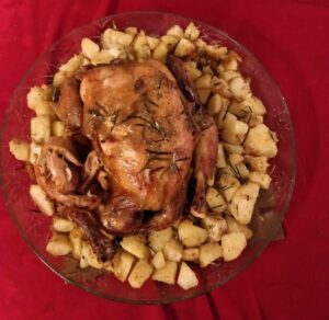 French roast chicken poulet roti served with buttered rice