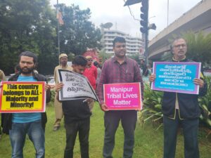 Hyderabad citizens displaying playcards and protesting against Manipur violence where two women were paraded naked