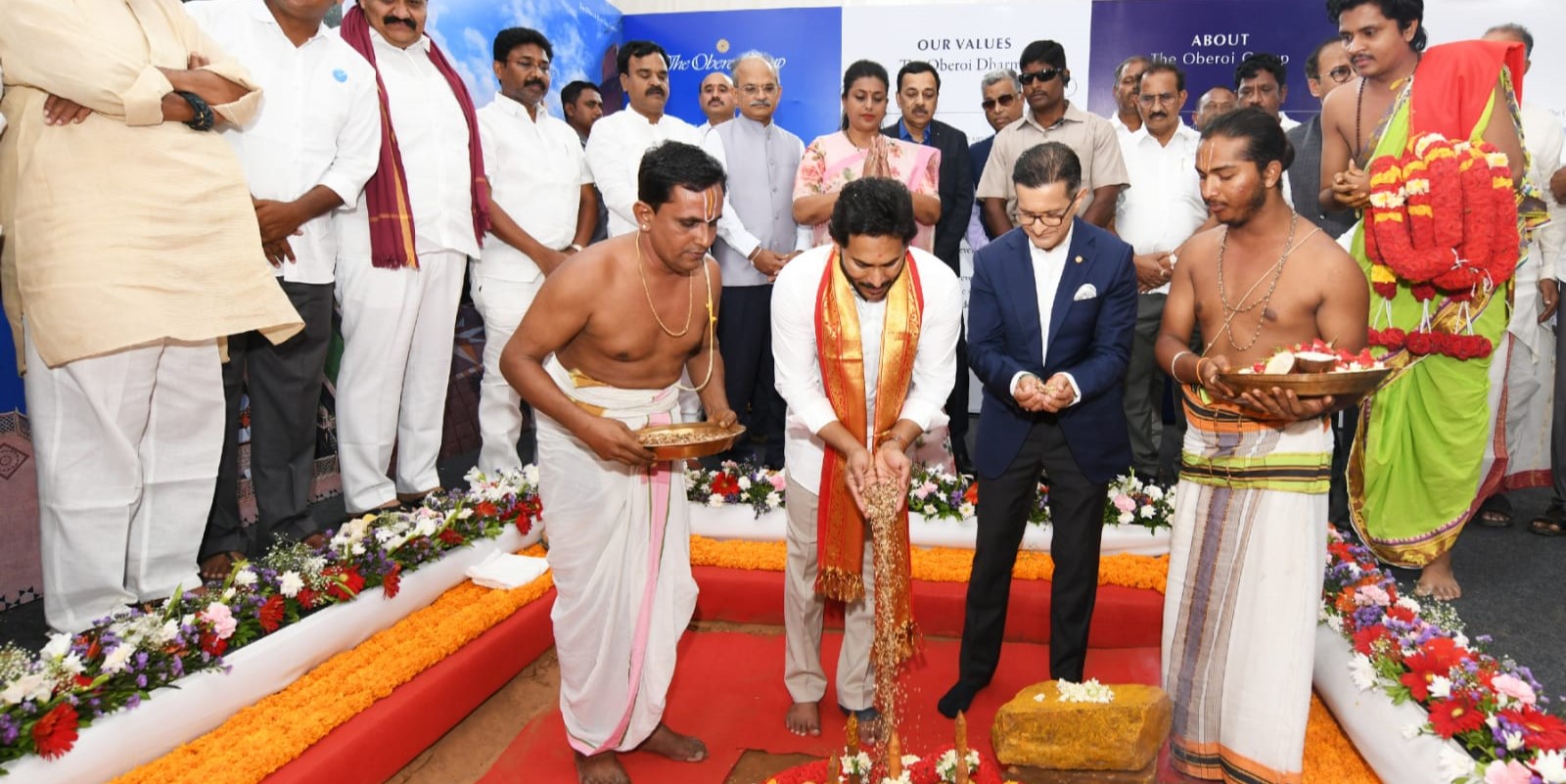 Andhra Pradesh Chief Minister YS Jagan Mohan Reddy and Oberoi Group MD Vikram Oberoi take part in the foundation-stone-laying ceremony of a seven-star hotel in the YSR district of Andhra Pradesh on Sunday, 9 July, 2023.