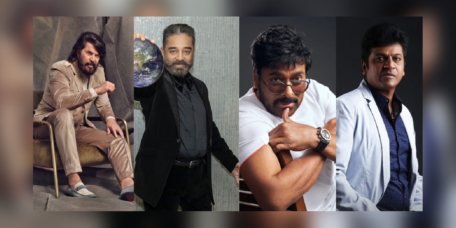 South Indian star actors in their prime (Left right: Mammootty Kamal Hasaan Chiranjeevi Shiva Rajkumar)