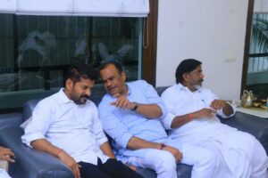 Revanth Reddy, Venkat Reddy, and Mallu Bhatti Vikramarka at the meeting. (Supplied)