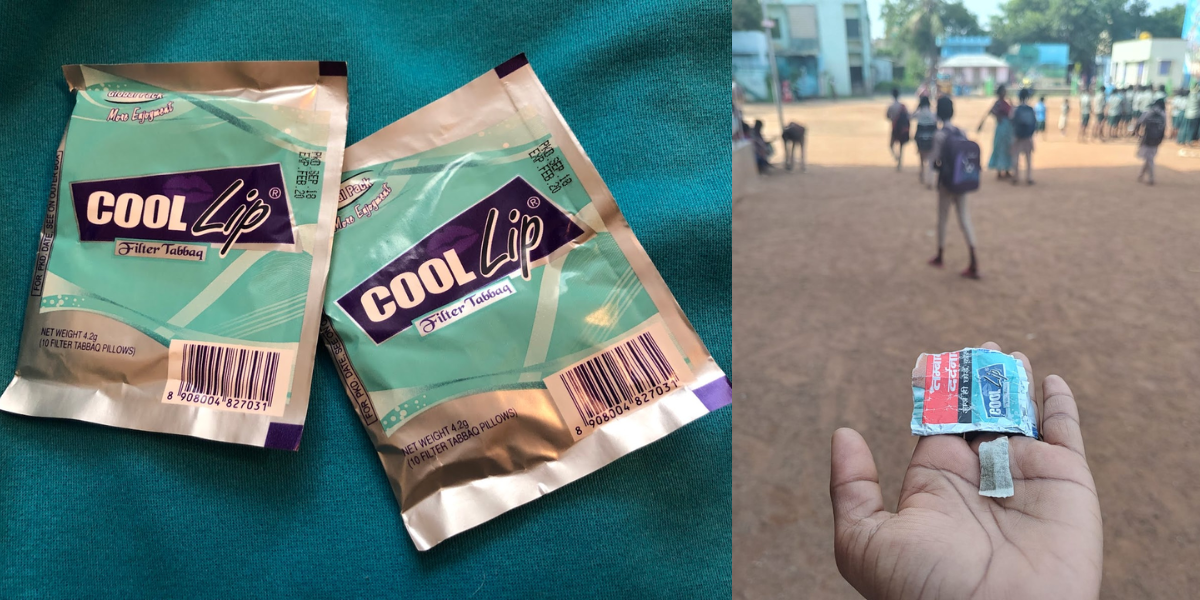 Cool Lip, a smokeless tobacco product, found in a student's bag in a Corporation school in Tamil Nadu. (Laasya Shekhar/South First)