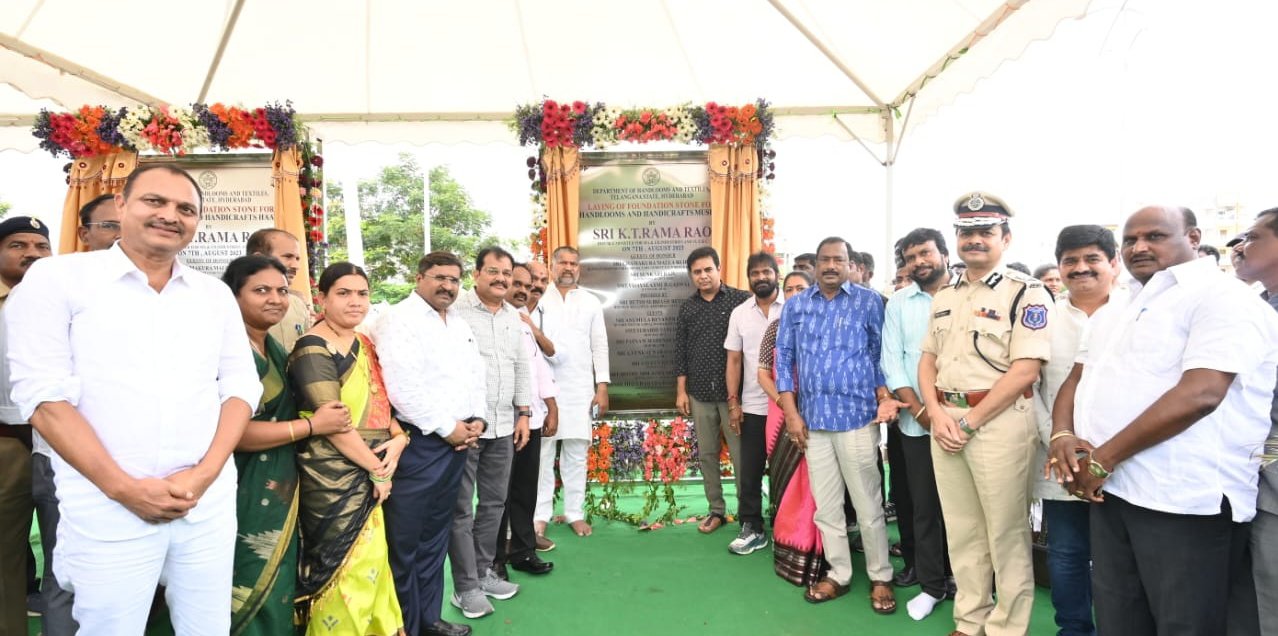 KTR laid foundation stones for the Handlooms Convention Centre and Handloom & Handicraft Museum at Uppal Bhagayath on National Handloom Day. (Twitter)