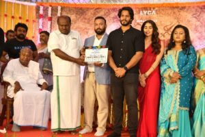 Former Prime Minister HD Deve Gowda along with his son and former Karnataka Chief Minister, HD Kumaraswamy, Lyca Productions's Subaskaran, Nikhil Kumaraswamy and actress Yukti Thareja at the muhurta of yet to titled Kannada film