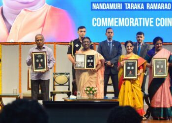 President Droupadi Murmu and members of NTR's family release the ₹100 commemorative coin on Monday, 28 August, 2023. (Supplied)