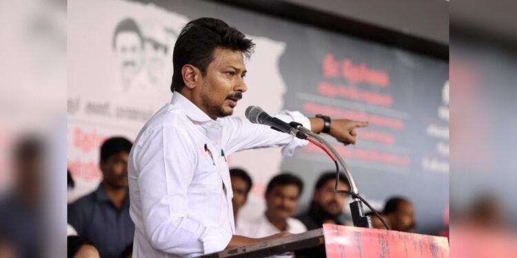 Udhayanidhi Stalin st the anti-NEET protests in Chennai on Sunday, 20 August, 2023.