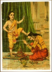 Vamana avatar of Lord Vishnu stomps on Bali's head, and sends him to Patala. (Raja Ravi Varma, Public domain, via Wikimedia Commons)
