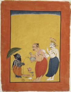 Mahabali serves Vamana, while a suspicious Shukra tries to stop him. Painting from Mankot, Jammu and Kashmir, c. 1700-25.