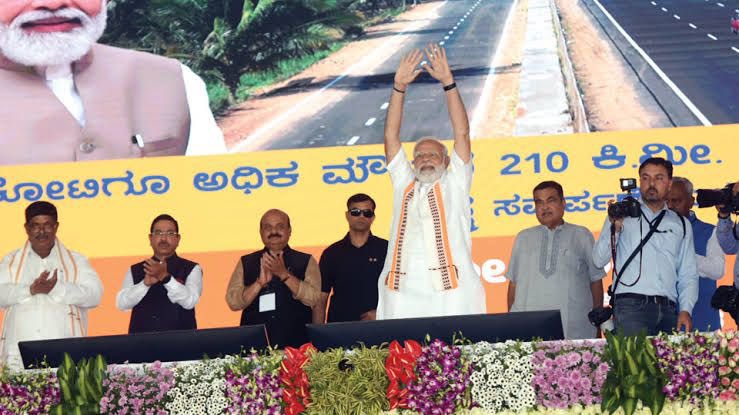 Modi inaugurating the Bengaluru-Mysuru Expressway on March 12th with the then CM Basavaraj Bommai. Union Transport minister Nitin Gadkari and MP Mysuru-Kodagu Pratap Simha are also present