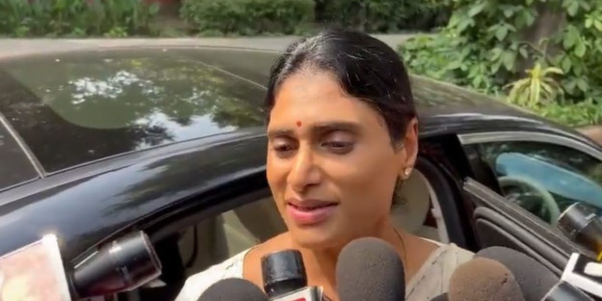 YS Sharmila speaking with reporters after meeting Rahul Gandhi and Sonia Gandhi.