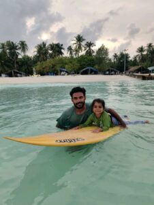 Navab’s love for surfing followed him from Lakshadweep and found its way to Airah’s heart. (Supplied)