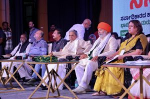 Chief Minister Siddaramaiah along with other dignitaries at the Gauri Memorial event on 5 September