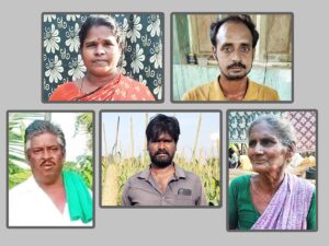 Farmers from Neyveli villages - S Punitha, A Ramachandiran, Shiva Kumar, Adithyan P and R Silmbai (from the top). (Laasya Shekhar/ South First)