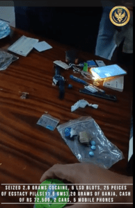 The TSNAB seized 2.8 gram cocaine, six LSD blots, 25 ecstasy pills, 20 gram ganja from the accused. (Supplied)