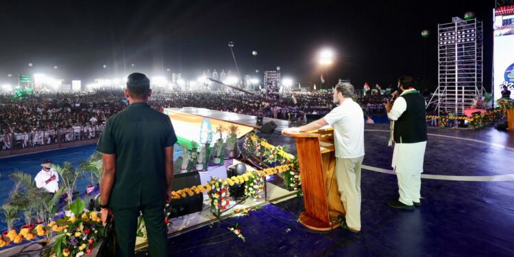 Rahul Gandhi addresses the Congress' Vijay Bheri rally on the outskirts of Hyderabad on Sunday, 17 September, 2023.