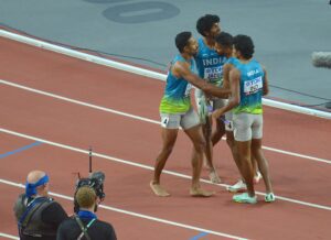 Rajesh Ramesh (right most) with the Indian quartet after the heats in the Budapest WC. (X)