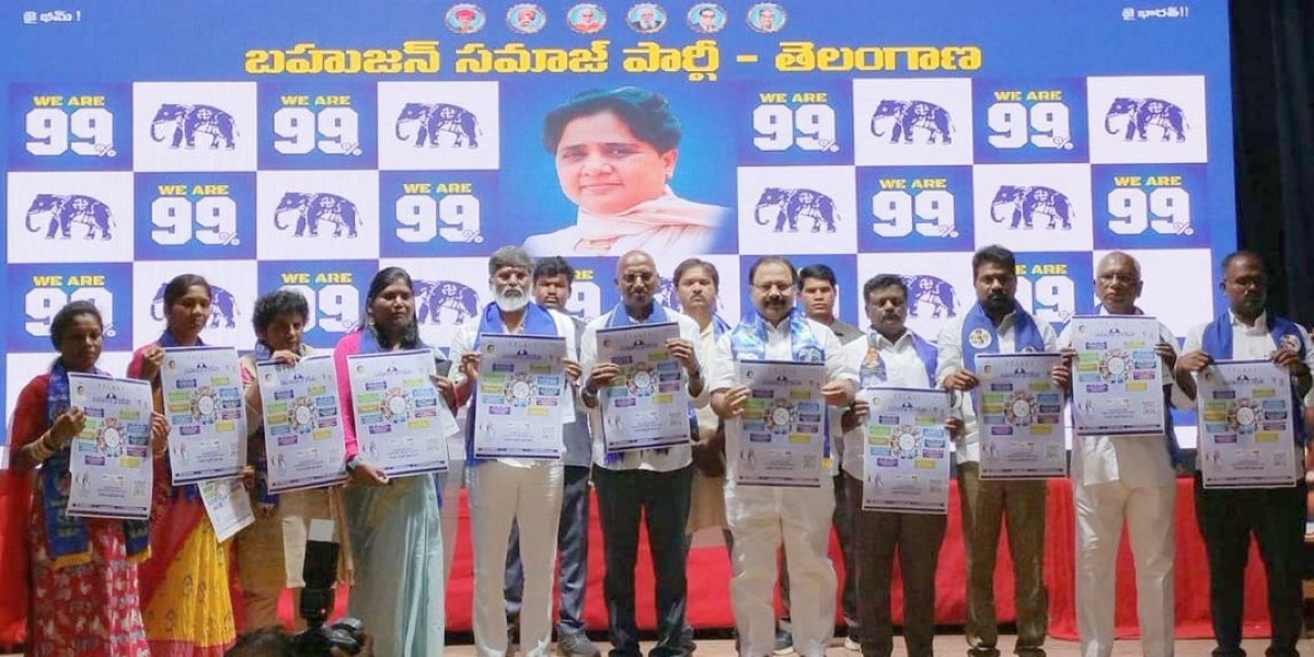 Telangana BSP leaders on Tuesday, 17 October, 2023, release the party manifesto for the 30 November Assembly elections in the state.