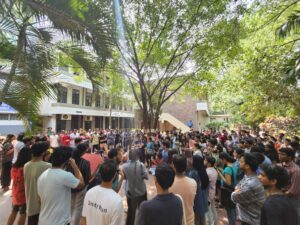 EFLU students gathered inside the campus demanding anti-sexual harassment committee