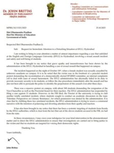 John Brittas, Rajya Sabha MP from the CPI (M), wrote a letter to Education Minister Dharmendra Pradhan regarding EFLU issue. (Supplied)