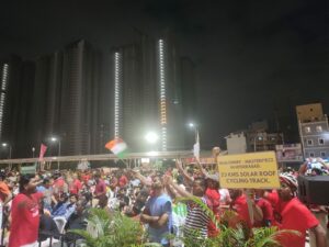 A large crowd of people, primarily cyclists, gathered for the inauguration. (Supplied) 