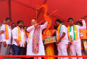Union Home Minister Amit Shah at a BJP election rally in Telangana. 