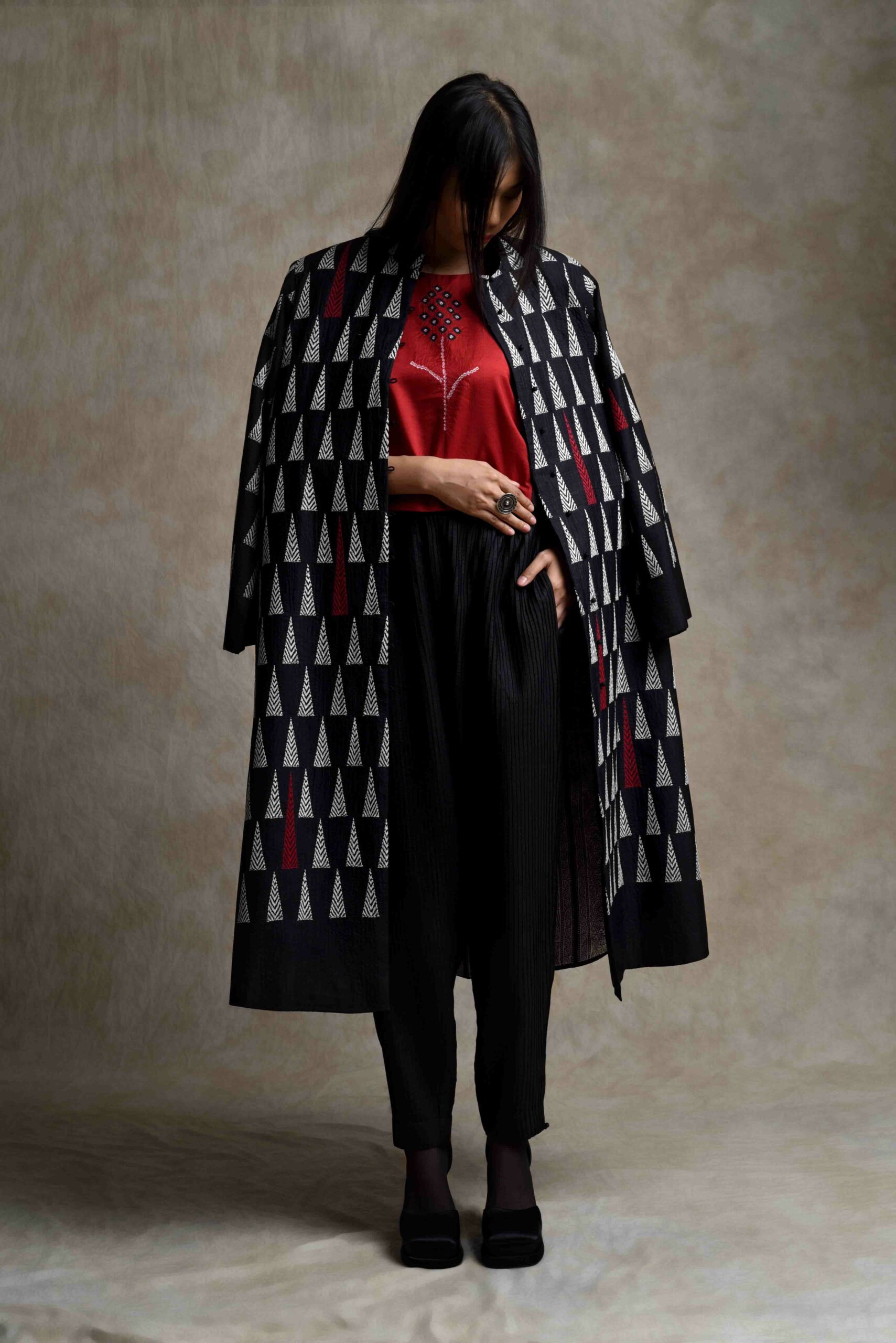 One of Sunita favourite pieces is this long jacket with embroidered triangles. (Supplied)