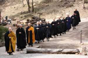 Zen Buddhist monks engage in a form of silent walking called "Kinhin," which is walking meditation