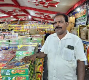 Firecracker retailer R Vincent displays his wares in Chennai.