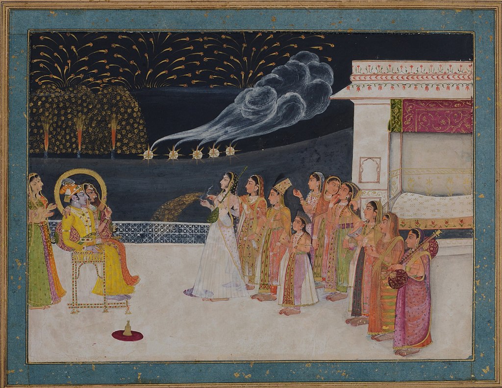 Radha and Krishna watching fireworks in the night sky by Sitaram. A painting at the National Art Gallery, New Delhi. (Wikimedia Commons)