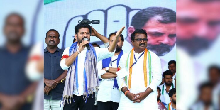 Revanth Reddy speaks at a Telangana campaign rally