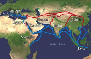 The ancient silk route. The line in red is land route, while the one in blue is the sea route. (Wikimedia Commons)