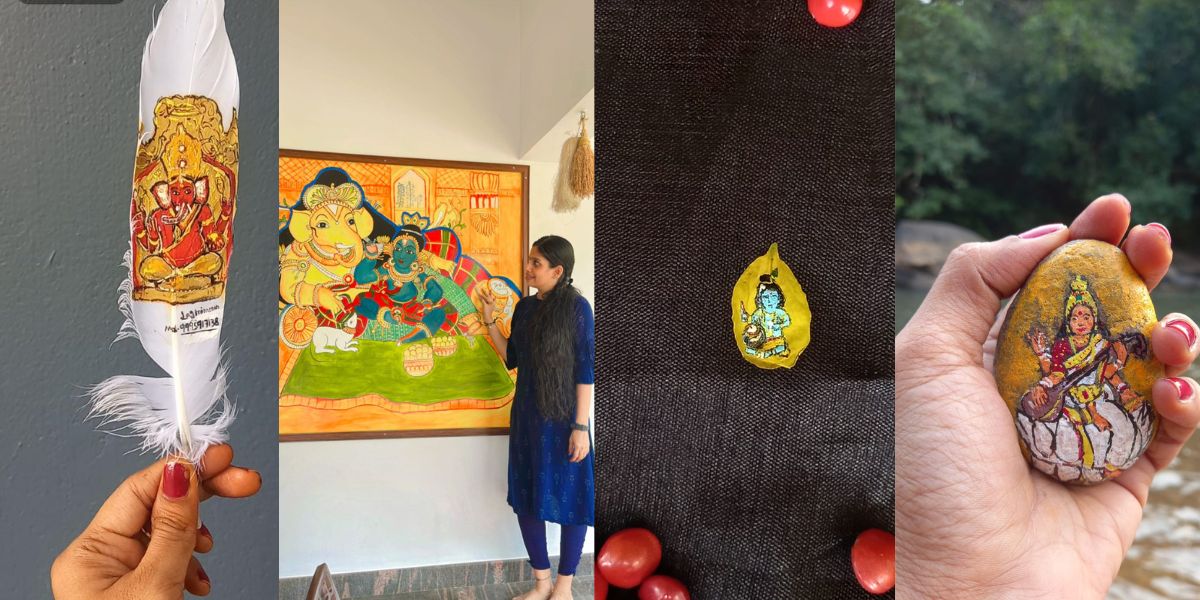 Lagmi Menon turns ordinary items such as rice grains, manjadi kuru (red lucky seeds), feathers and even mustard seeds into exquisite works of art.