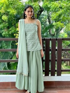 Arya's Deepavali green lehenga is from The Relove Closet, a thrift store marketplace. (Supplied)