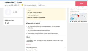 A screengrab of the details of the Sunburn Hyderabad upload on the Book My Show Website