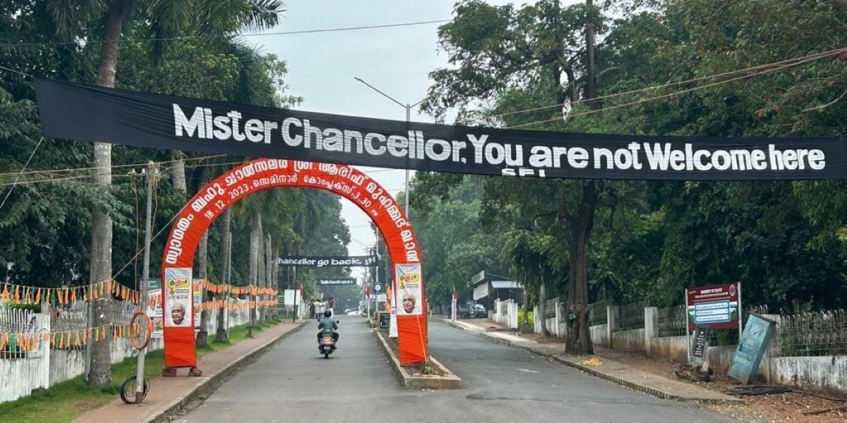 SFI banner outside Calicut University campus.