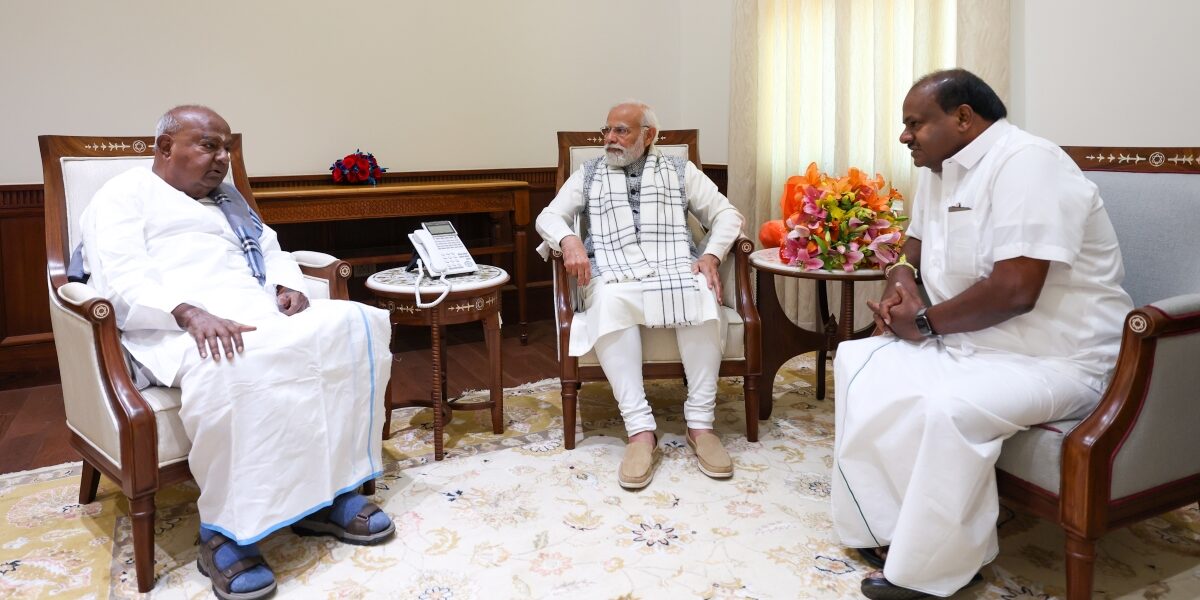 HD Kumaraswamy and HD Deve Gowda meet PM Modi