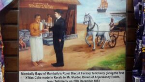 A painting of Bapu handing over the first plum cake to Brown. (Supplied)