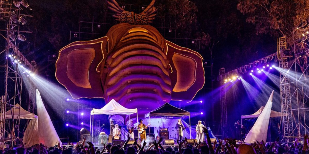 The Tusker Stage at Echoes of Earth, designed by Siddharth Karawal, is a tribute to the elephant Bhogeshwar, also known as Mr Kabini. (Supplied)