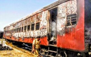 One of the burnt coaches of the Sabarmati Express in Godhra.