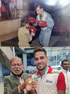 Mohammed Hussamuddin with his father Mohammad Shamsuddin in his early days (on top) and receiving a welcome after winning the bronze medal at World Boxing Championships 2023. (Supplied)